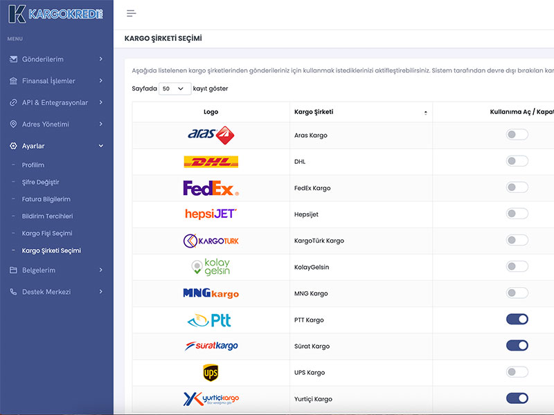 E-ticaret Kargo Entegrasyonu Ekranı